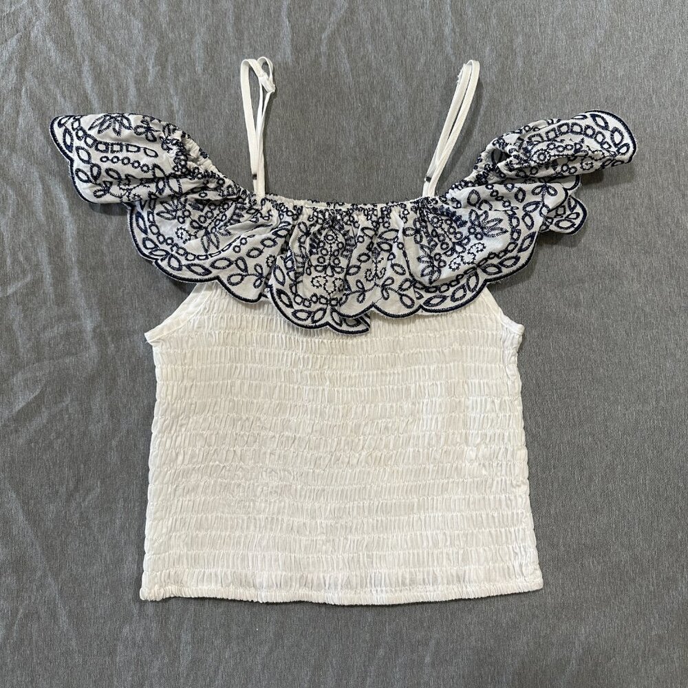Embroidered Off Shoulder/Adjustable Strap Ruched Halter Top - Picture 4 of 14
